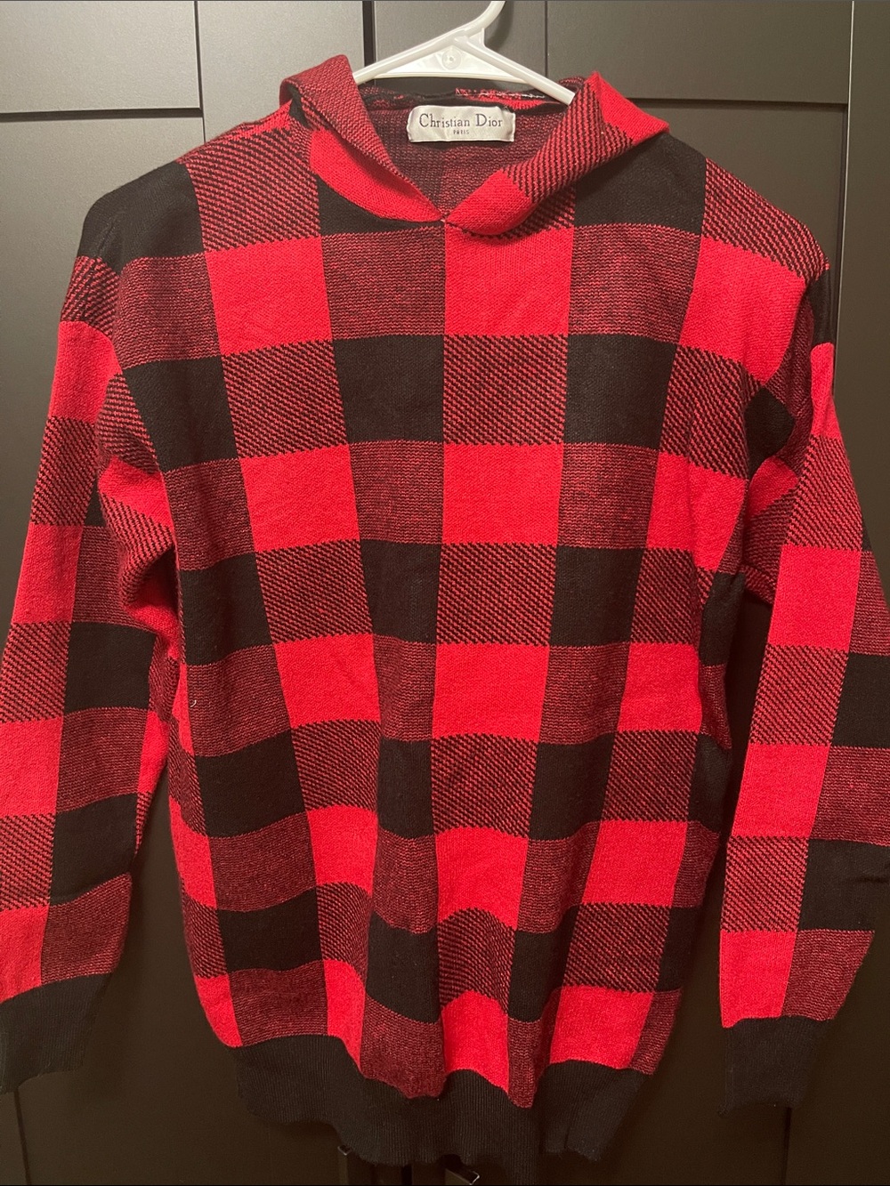 Dior Red and Black Buffalo Check Hooded Knit